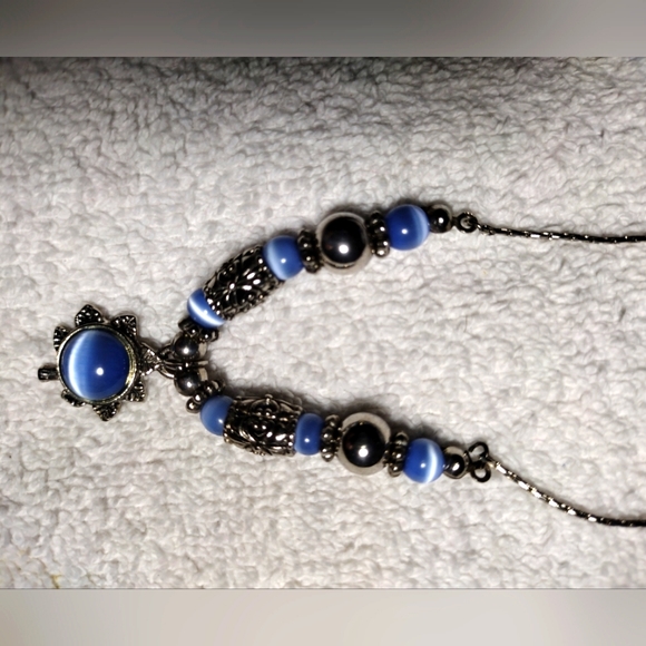 Blue Agate, Multi Gemstone Silver tone Necklace (15") & Earrings - Picture 1 of 3